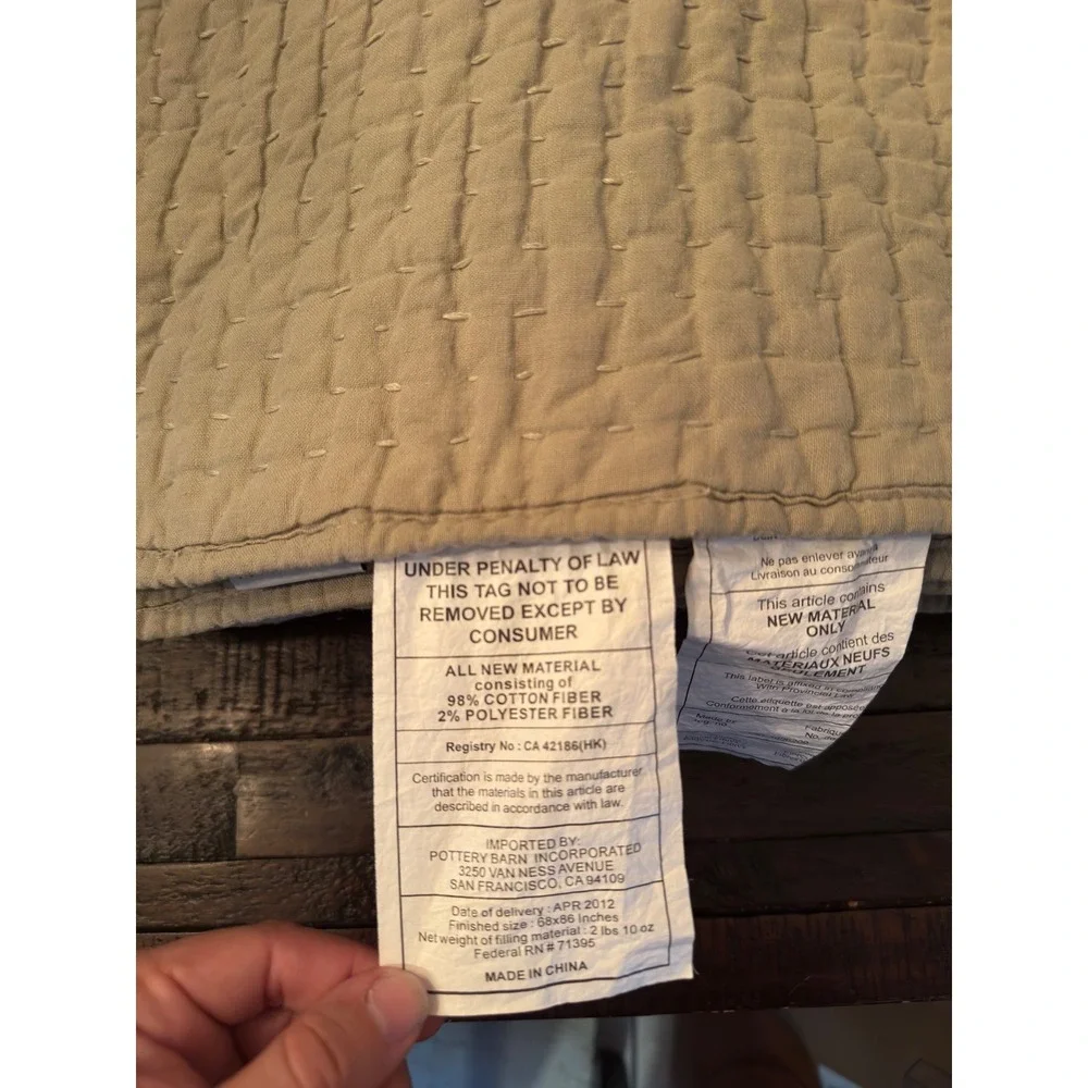Pottery Barn Twin Pick Stitch Quilt Tan Khaki Cotton Linen Blend Bedding 3024577